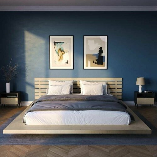 Кровать двухспальная 140х200 татами низкая Катана без столиков цвет Беленый дуб
