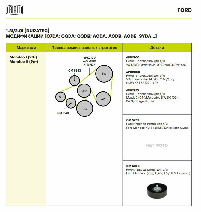 Ролик приводного ремня для автомобилей Ford Mondeo I (93-)/Mondeo II (96-) 1.6i/1.8i/2.0i (опорный) CM 5353 TRIALLI