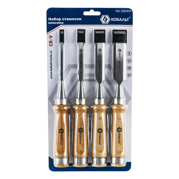 Набор стамесок плоских: 6 12 18 24 х 140 мм CR-V деревянная рукоятка блистер