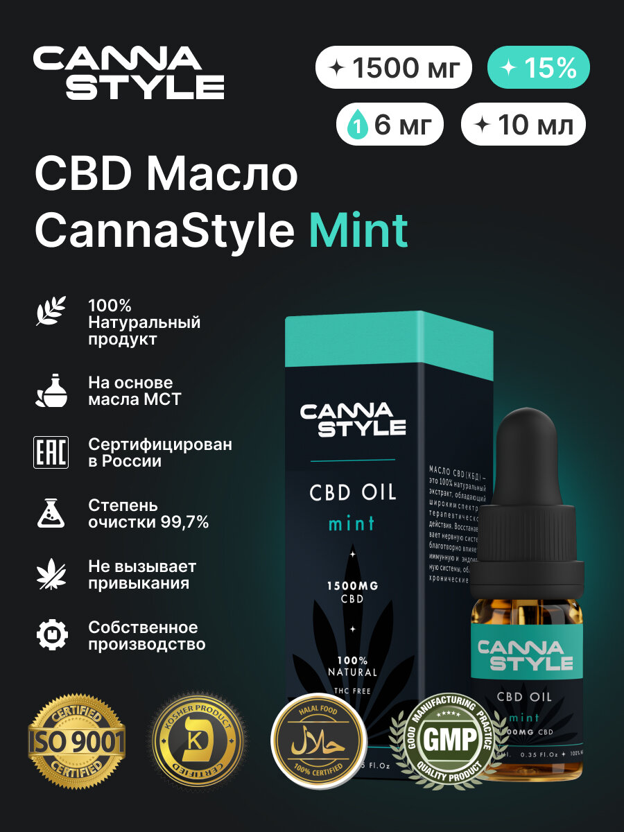 Масло CBD (Масло КБД) / Mint (Мятный вкус) 1500мг 15% / CannaStyle / CBD Oil / каннабидиол / 10 мл