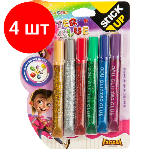 Комплект 4 наб, Глиттер гель Deli EA71101 12мл блистер с блестками 6цв/наб Explora