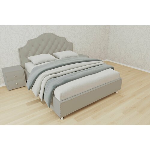 Двуспальная кровать Мария с кареткой 200x200 основание металлическое с ламелями велюр бежевый ножки 13 см хром