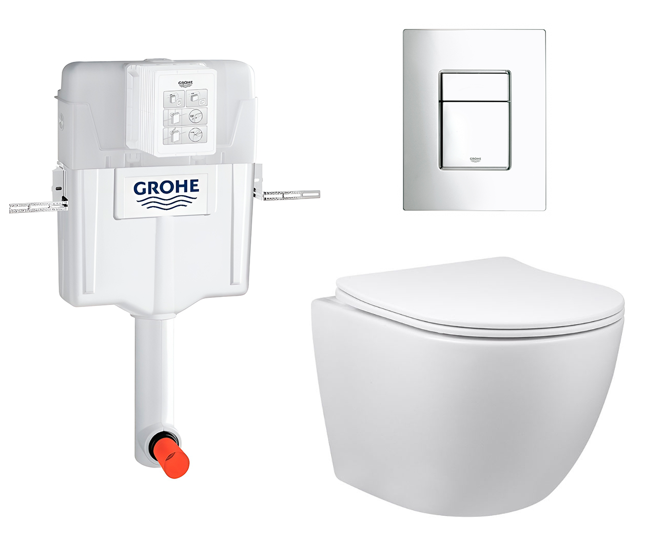 фото Комплект 3 в 1 смывной бачок скрытого монтажа Grohe GD2 + Унитаз приставной Vincea Globo VT1-14S + Кнопка Skate Cosmopolitan хром