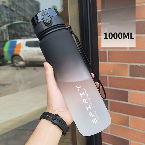 фото Спортивная бутылка для воды, 1000 мл, питьевая фитнес бутылка с сито-фильтром, замком от проливания, черно-белый нет бренда