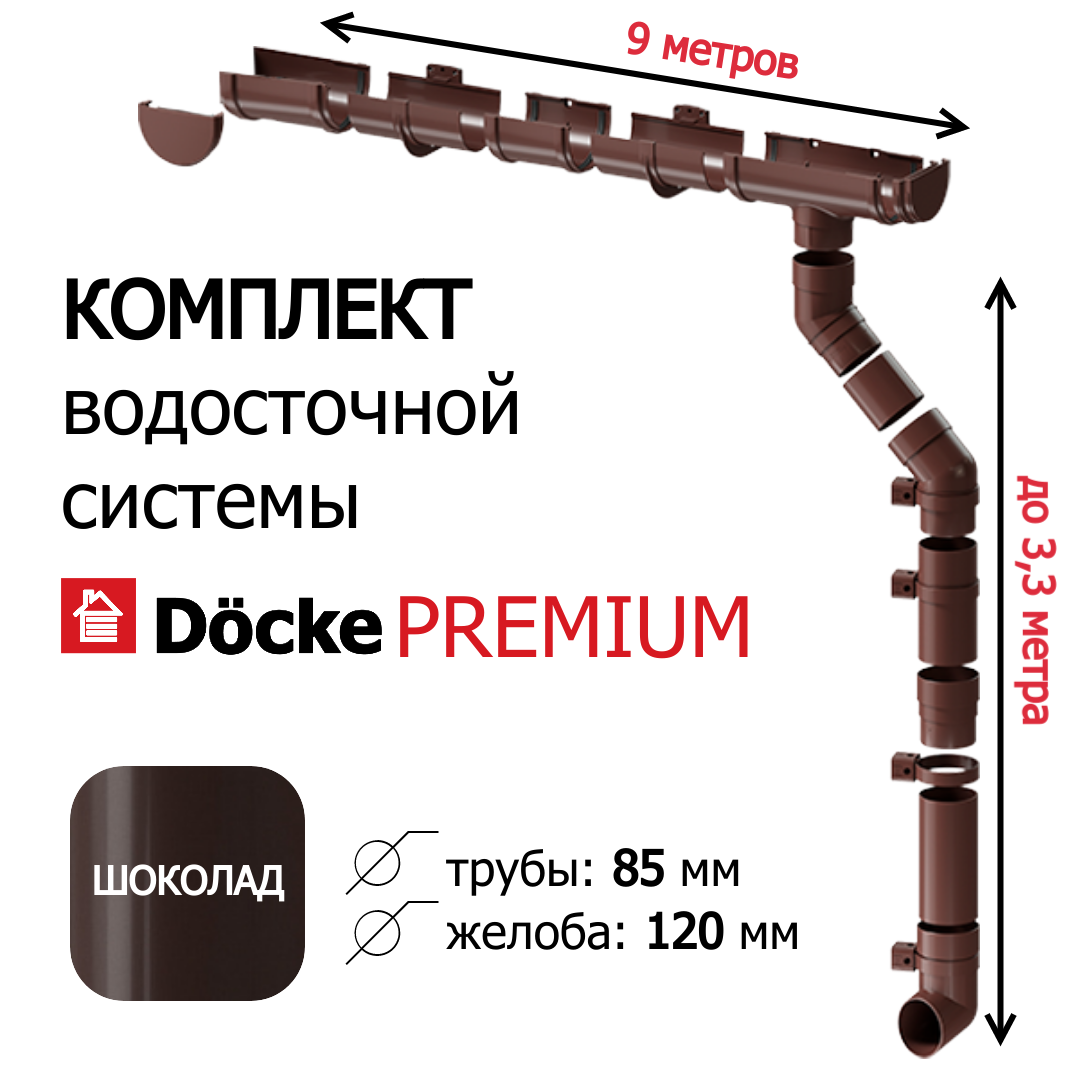 Водосточные системы комплект, 9м/3,3 м, Docke Premium, ral 8019, цвет шоколад, водосток для крыши дома, Деке Премиум.