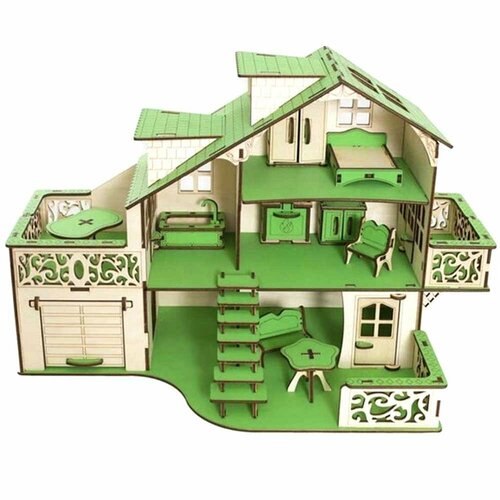 Iwoodplay Кукольный домик с гаражом Парижская зелень Iwoodplay ЭД-033