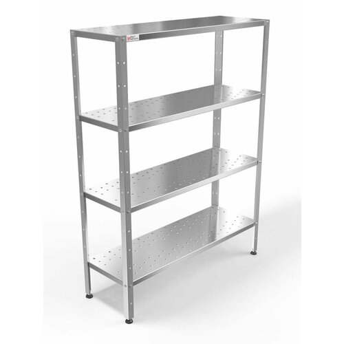 Стеллаж кухонный 1500*300*2000, 4 перфорированные полки выполненные из нерж. стали марки AISI 430, толщина 0,8 мм; каркас разборный, уголок из стали 1,5мм толщиной