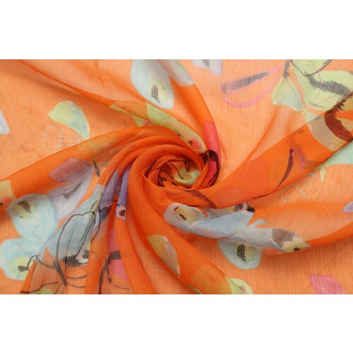 Ткань Шелк-шифон-креш оранжевый с голубыми бабочками, ш132см, 0,5 м