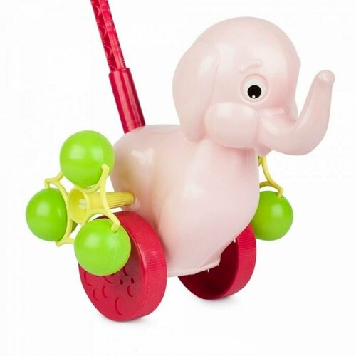 каталка 0356 слоненок с барабаном в пакете Каталка на палочке Розовый Слоненок