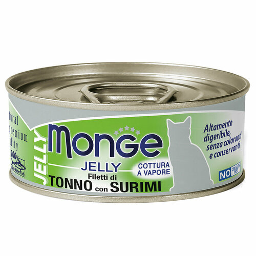 Влажный корм Monge jelly Adult cat для взрослых кошек с желтоперым тунцом и сурими, консервы 80 г, 12 шт Monge 8009470007009