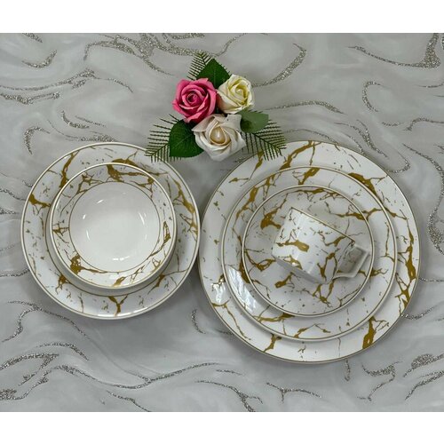 Набор столовой посуды на 6 персон 36 предметов, золотой мрамор