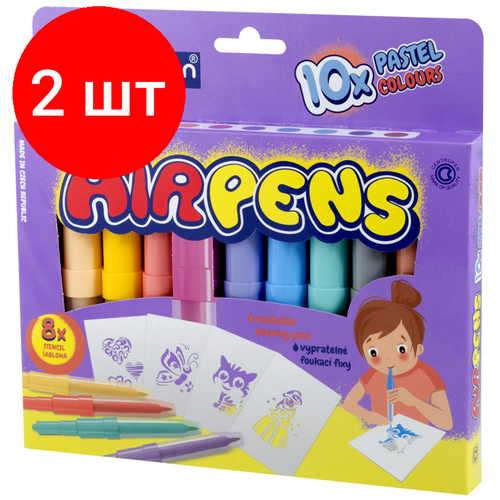 Комплект 2 шт, Фломастеры воздушные Centropen AirPens Pastel, 10цв.+8 трафаретов, картон. упаковка, европодвес фломастеры воздушные centropen airpens dinosaur 05цв 1 черный фломастер 8 трафаретов картон упаковка