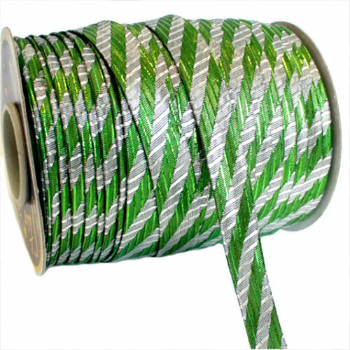 Бейка декоративная люрекс 'косая полоса' 15мм*91,4м (серебро/зеленый)