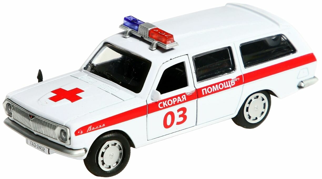 Машина металлическая ГАЗ-2402 "Волга скорая" инерционная, 12 см, открываются двери и багажник, игрушечный транспорт, масштабная коллекционная модель, детская игрушка для песочницы и дома, цвет белый
