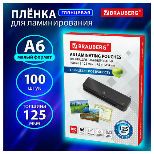 Комплект 5 шт, Пленки-заготовки для ламинирования малого формата, А6, комплект 100 шт, 125 мкм, BRAUBERG, 530806