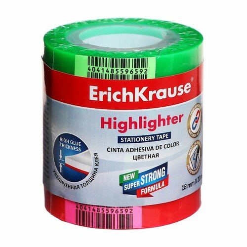 Клейкая лента ErichKrause Highlighter, прозрачная, цветная, 18ммх20м, микс (комплект из 18 шт)