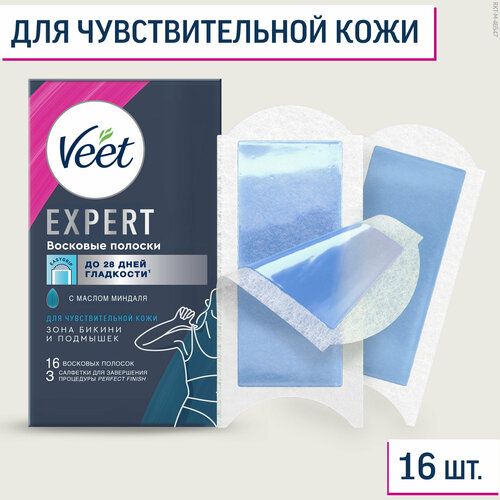 Veet Expert восковые полоски для чувствительной кожи зона бикини и подмышек 16шт полосок для депиляции 8шт сдвоенных полосок 472₽