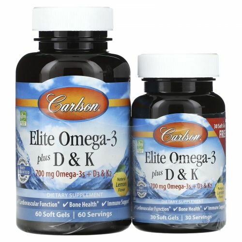 Carlson, Elite Omega-3 с витаминами D и K, натуральный лимонный вкус, 60 (+ 30 бонусных) мягких капсул