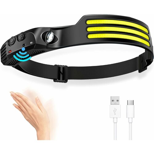 Светодиодный перезаряжаемый налобный фонарь с широким лучом 230 градусов и датчиком движения, водонепроницаемый налобный фонарик для походов, бега, ремонта, рыбалки, черный, 3 COB