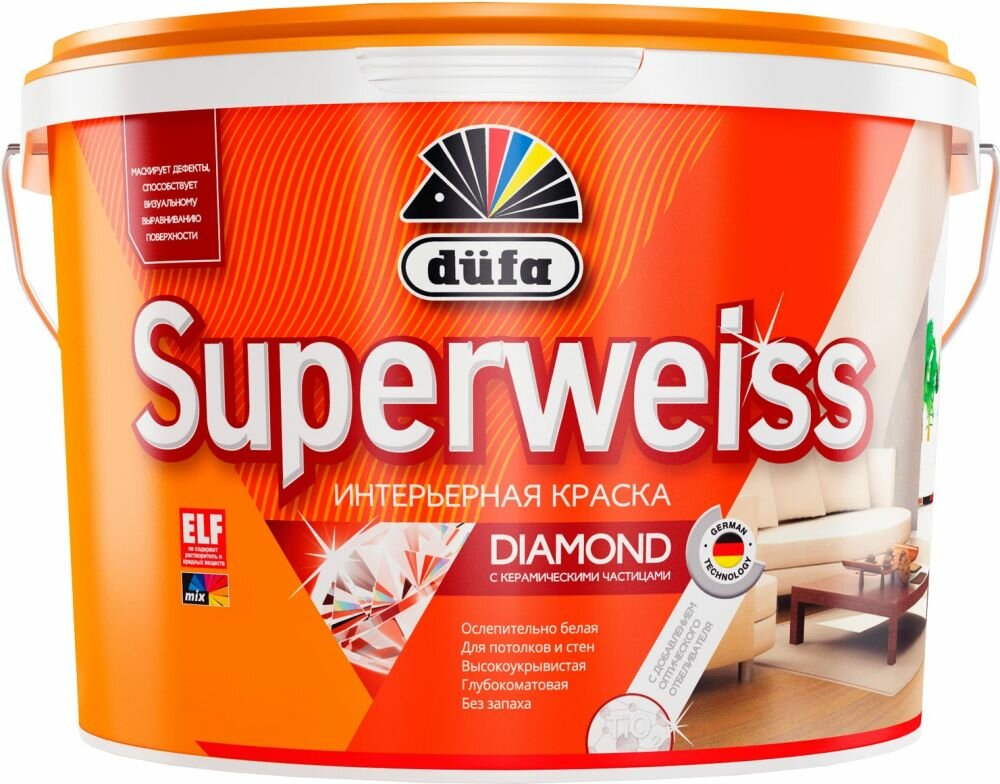 Краска для Стен и Потолков Dufa Superweiss RD4 9л Белая, Глубокоматовая, Воднодисперсионная.