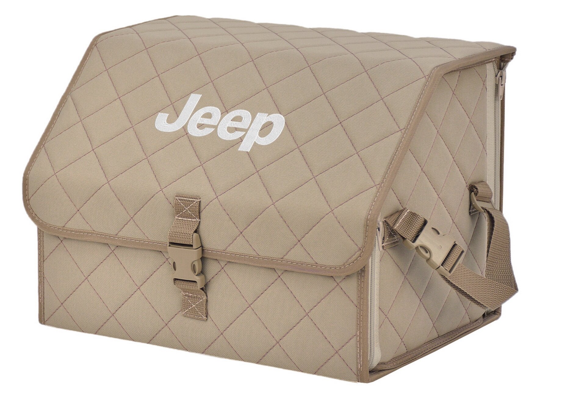 Органайзер-саквояж в багажник "Союз" (размер M). Цвет: бежевый с бежевой прострочкой Ромб и вышивкой Jeep (Джип).