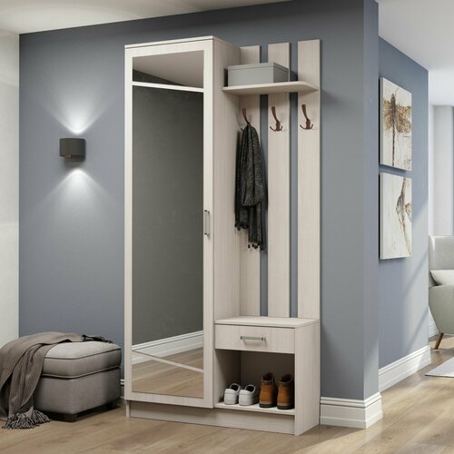 Прихожая комплект София 8 от Астрид-Мебель, с зеркалом, обувницей, шкафом, ящиком и вешалкой, 100x199x34 см. Анкор белый