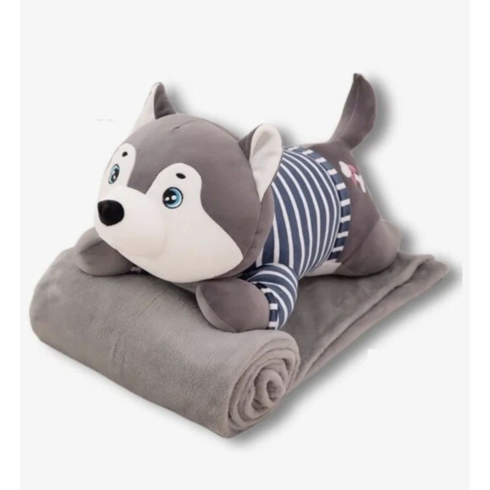 Мягкая игрушка-подушка с пледом "Собака Хаски", серый