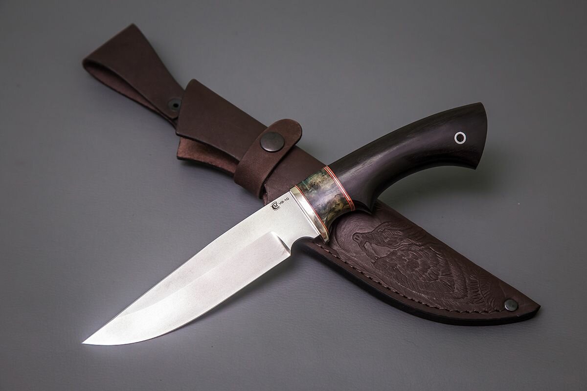 Нож из стали VG-10 "Легионер", рукоять литье мельхиор, вставка стабилизированная карельская береза, черный граб