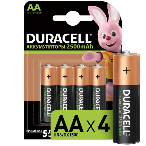 Аккумулятор Ni-Mh 2500 мА·ч 1.2 В Duracell Rechargeable AA 2500, в упаковке: 4 шт.