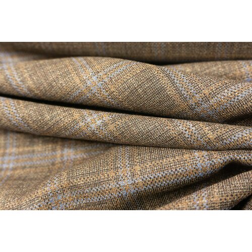 Лен коричневый в голубую клетку