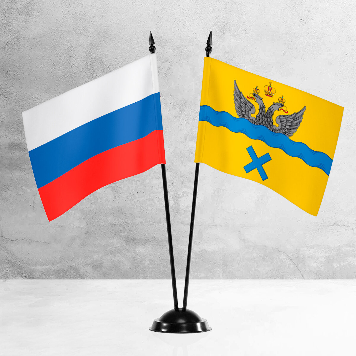 Настольные флаги России и Оренбурга на пластиковой черной подставке