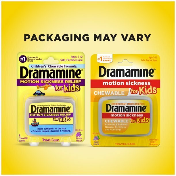 Картинки Dramamine Облегчение от укачивания для детей , средство от тошноты ребенку , Жевательные вкусные , Без красителей , со вкусом винограда , 8 шт