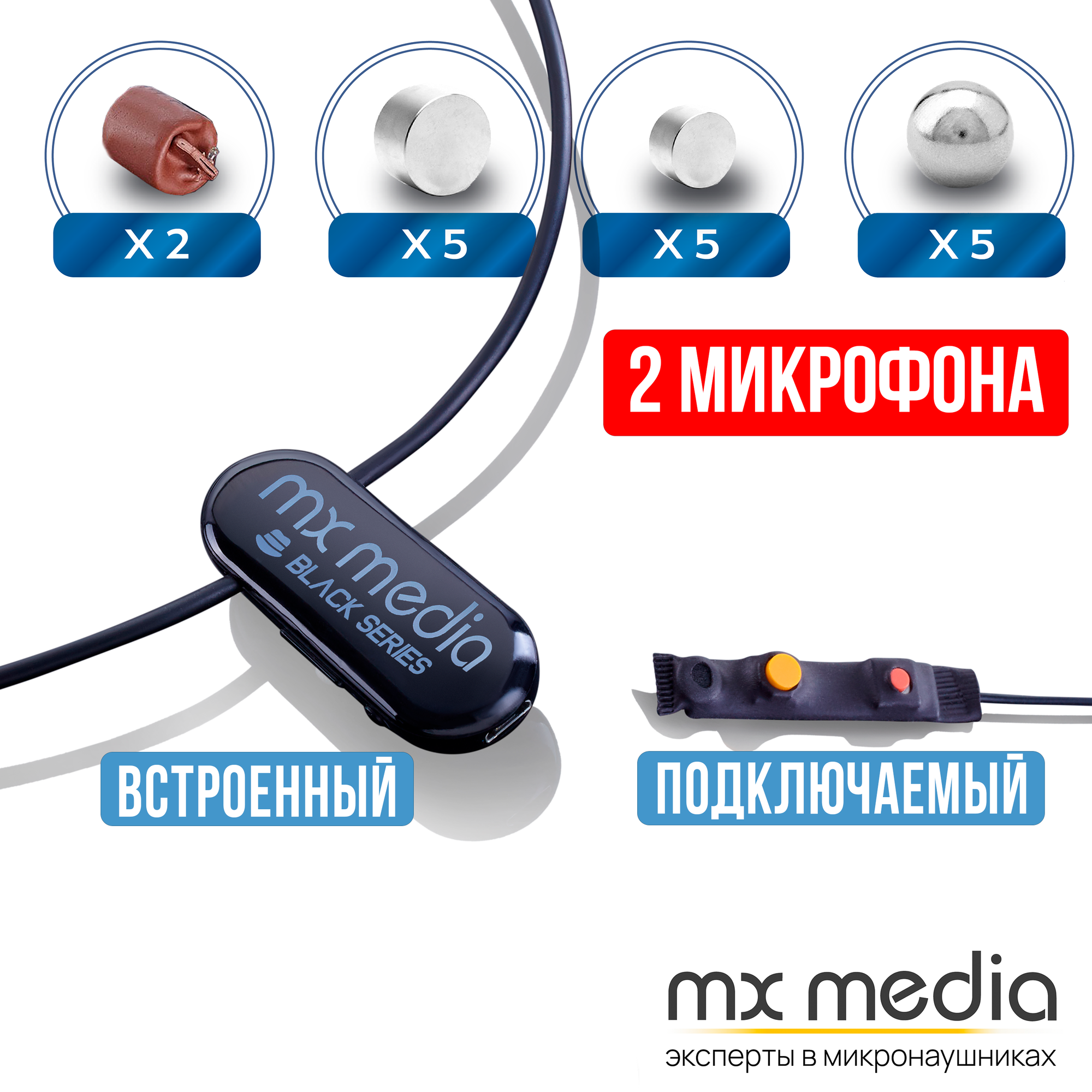 Микронаушник Mxmedia Black Magnet MAX магнитный с 2 микрофонами (встроенный и подключаемый с кнопкой-пищалкой)