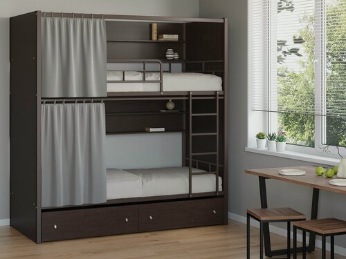 Изображение товара Двухъярусная кровать Самсон для хостела Коричевая с ящиками и полкой Венге