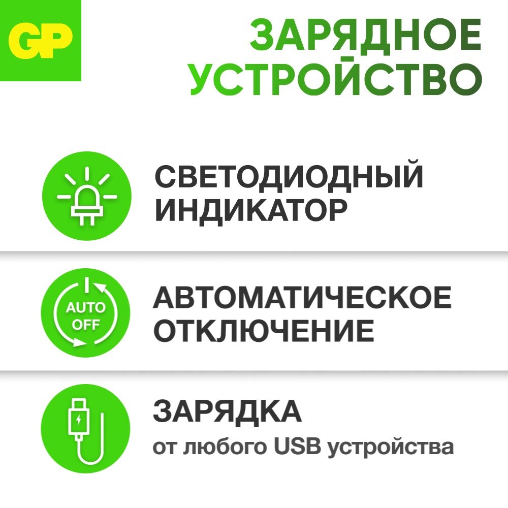 Зарядное устройство GP для аккумуляторных батареек АА и ААА, на 2 слота, с кабелем micro USB — фото 1