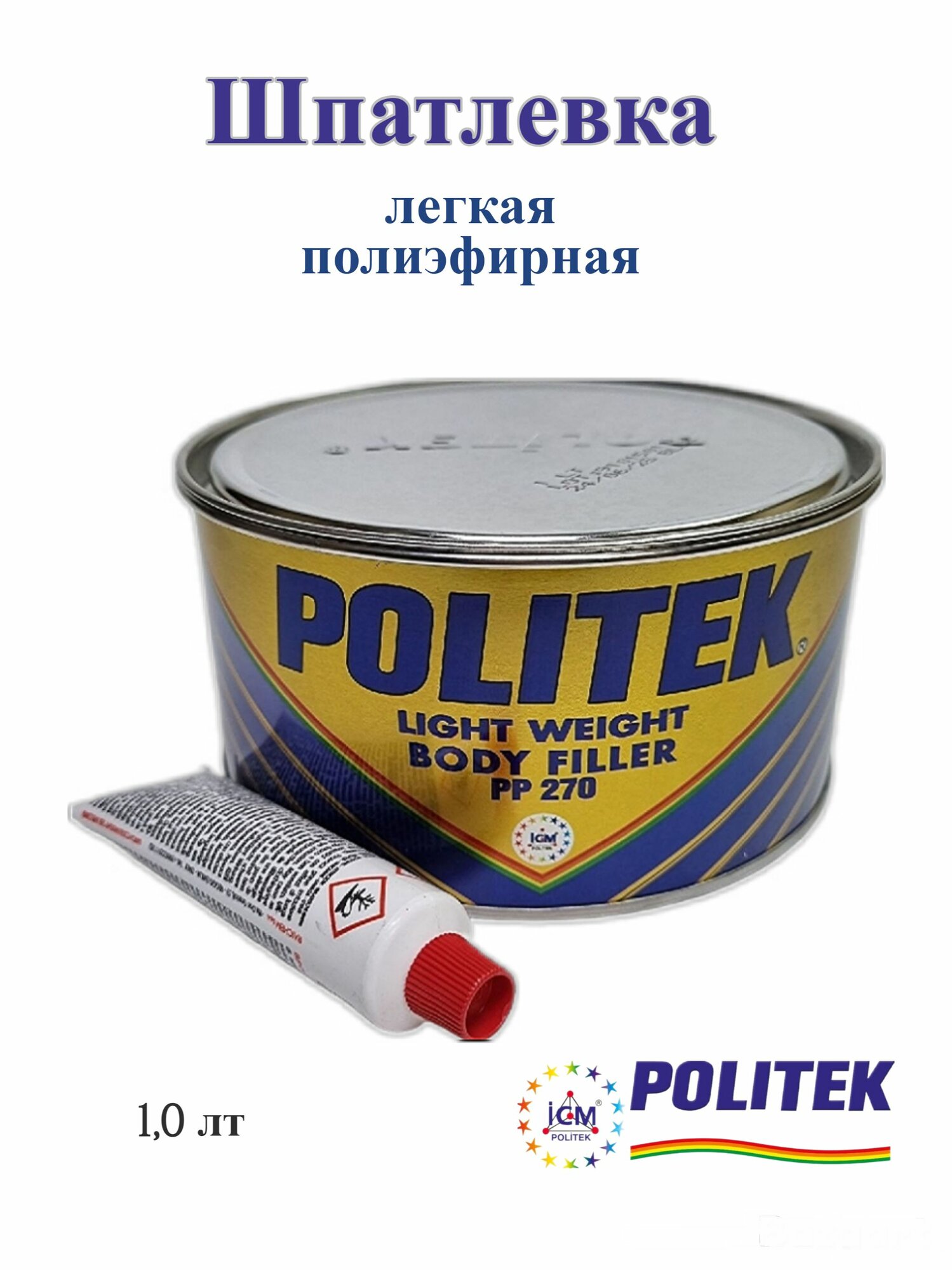 Шпатлевка Politek автомобильная легкая полиэфирная, РР270 Политек автошпаклевка универсальная 1.0 лт с отвердителем, голубая