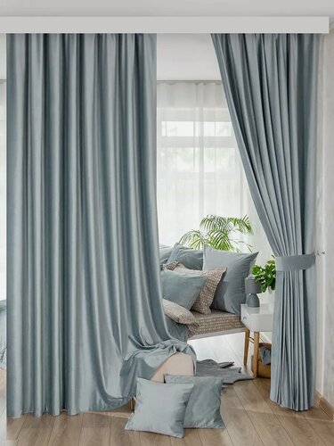 Изображение товара Шторы бархат антикоготь серо-голубые 300х285 см, 2 полотна, (каждое 150х285 см), лента 6 см, Erika Home (Evrika Home)