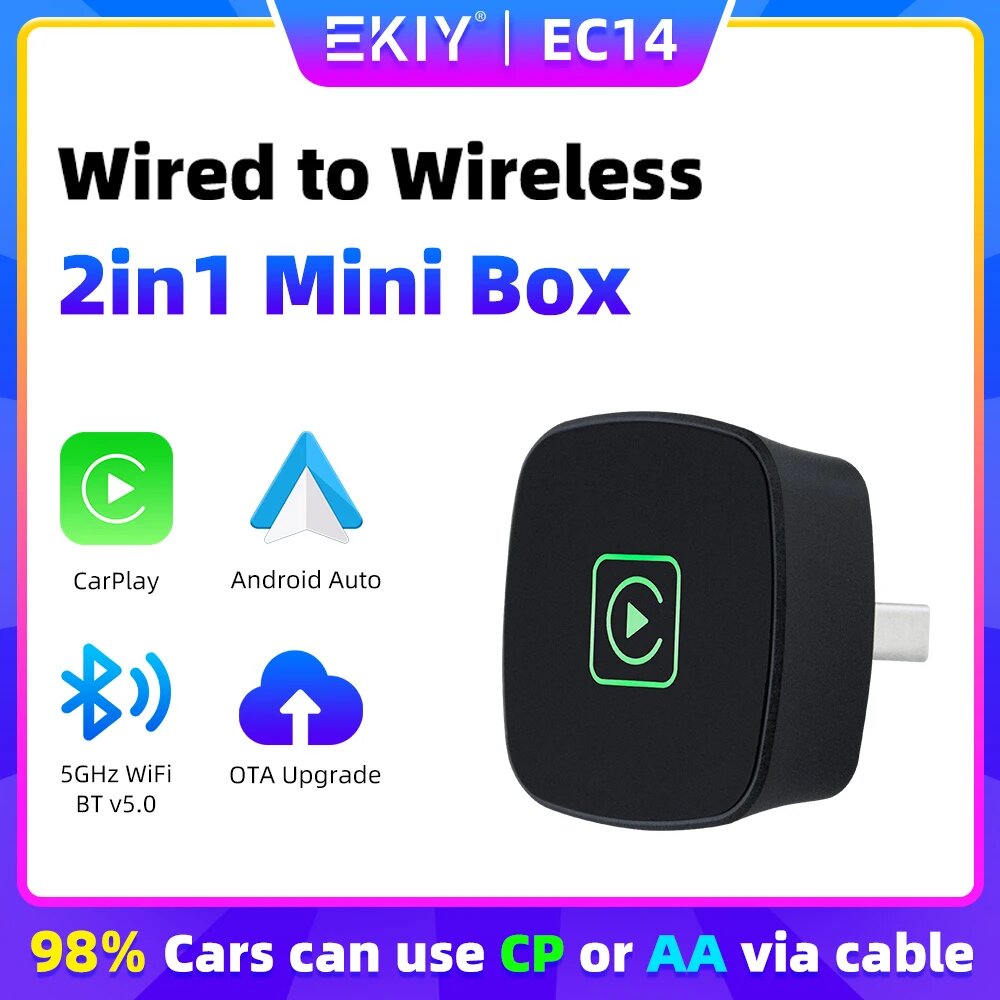 EKIY CarPlay Android Auto Box адаптер проводной к беспроводному для Audi Toyota Mazda Nissan Chevrolet Suzuki Subaru Kia Ford Opel Skoda, EC14-DD, Ship in 24Hours — фото 1
