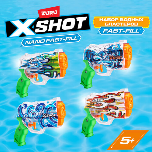 Набор водных бластеров ZURU X-SHOT WATER Fast-Fill Nano Water Blaster Нано, 4 шт., игрушки для мальчиков, 11857