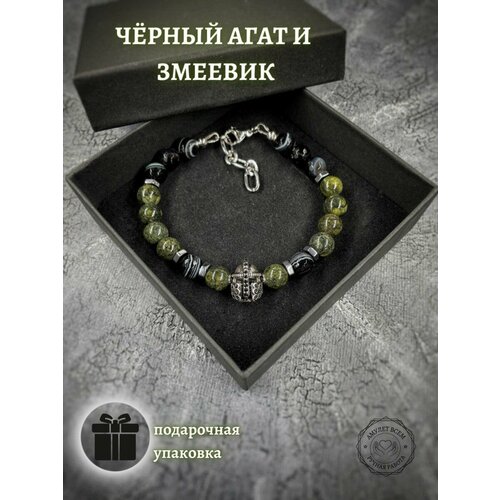 фото Браслет победа, агат, металл, фианит, змеевик, 1 шт., размер 23 см, диаметр 11 см, зеленый, черный нет бренда