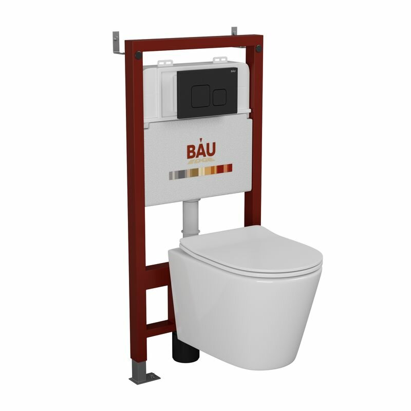Комплект BAU 6 в 1: инсталляция BAU PRO, унитаз подвесной безободковый Bau Nimb 49х36, сиденье дюропласт микролифт, клавиша BAU Soul, черная матовая
