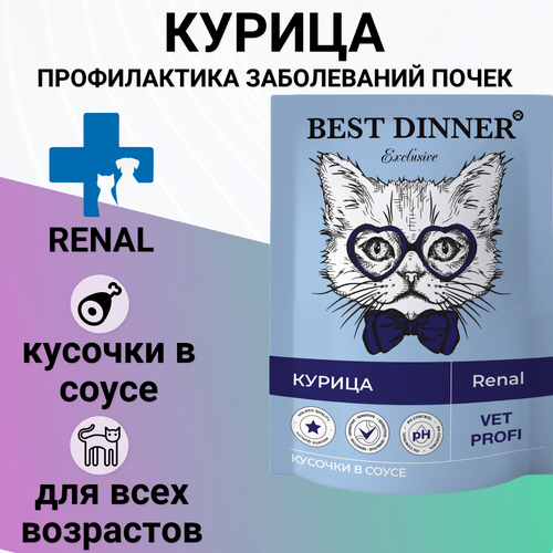 Влажный корм Best Dinner Vet Profi Renal для кошек кусочки в соусе с курицей , для профилактики заболевания почек 85гр влажный корм best dinner vet profi renal для кошек кусочки в соусе с курицей для профилактики заболевания почек 85гр