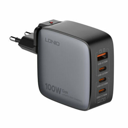 Сетевое зарядное устройство LDNIO Q408 100W GaN Supper Fast Charger, US/UK/EU Plug (с тремя переходниками для разных стран), Разъёмы: 1xUSB-A + 3xUSB-C сетевое зарядное устройство ldnio a6140c gan super fast desktop charger 140w