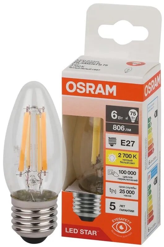 Лампочка светодиодная Osram филаментная стекло Свеча B E27 6Вт 220В 806Лм 2700К Теплый белый уп. 1шт