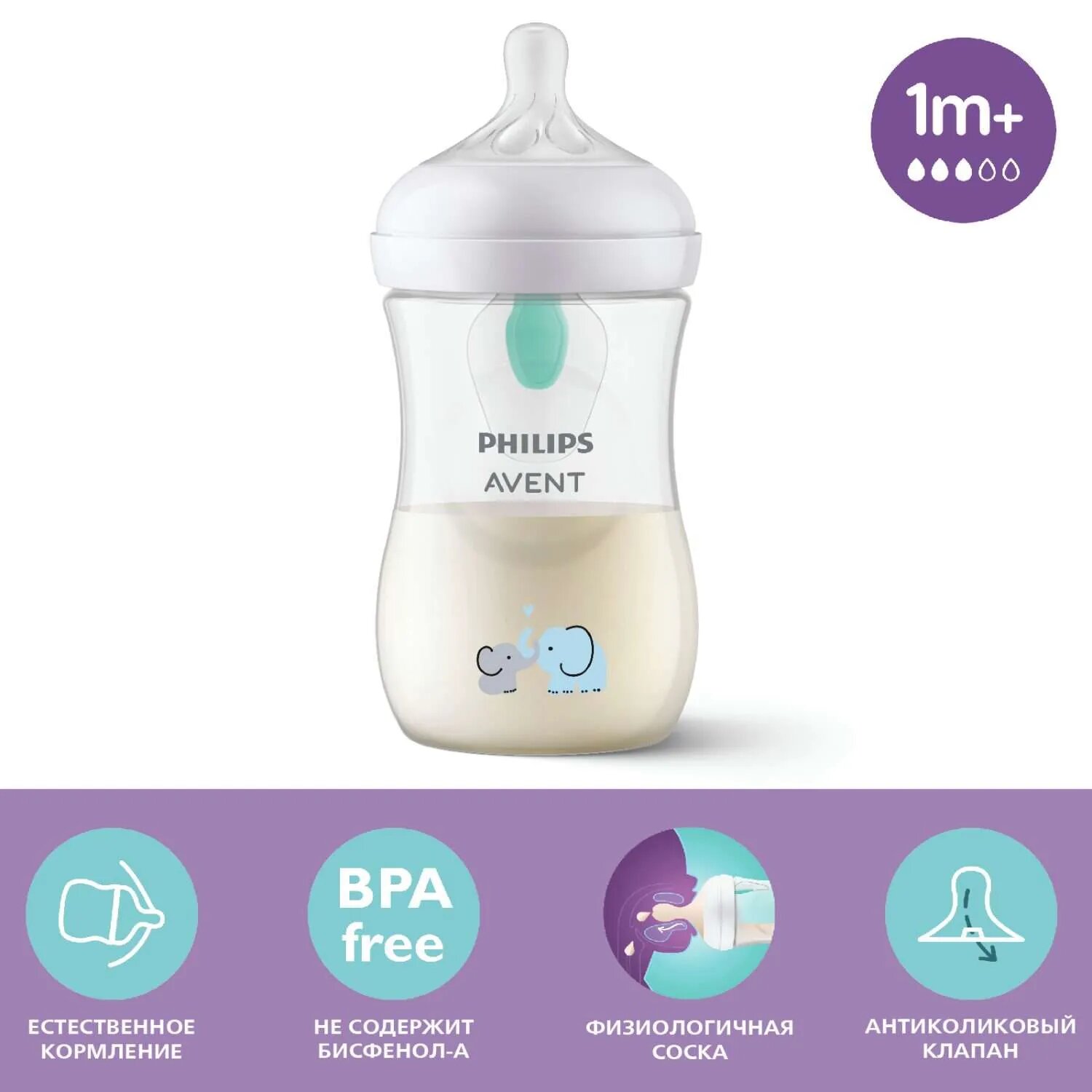 Бутылочка для кормления Philips Avent Natural Response Слоники с клапаном AirFree 260мл с 1месяца SCY673/81