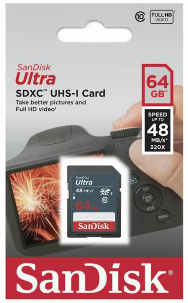 Карта памяти SanDisk SDXC 64 ГБ Class 10, UHS-I, R 48 МБ/с