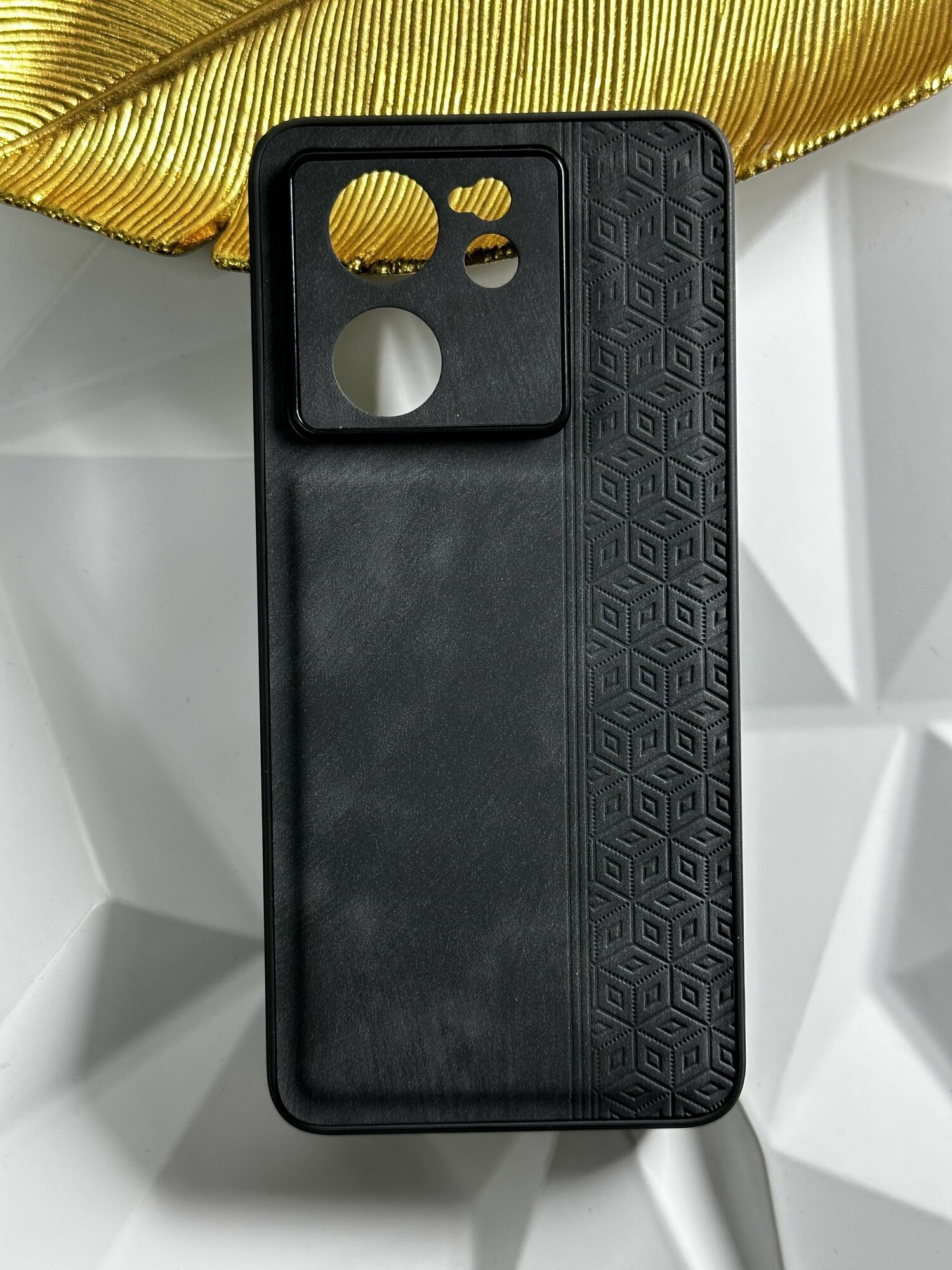 Чехол кожаный на Xiaomi 13T/13T Pro / Чехол Сяоми 13Т/13Т Про с защитой камеры, геометрия, черный