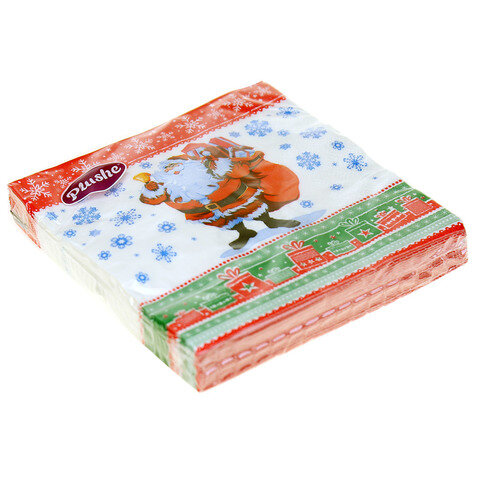 Салфетки бумажные 33х33см "Plushe", 3 слойные, 18 штук в упаковке, Санта с колокольчиком (Украина)