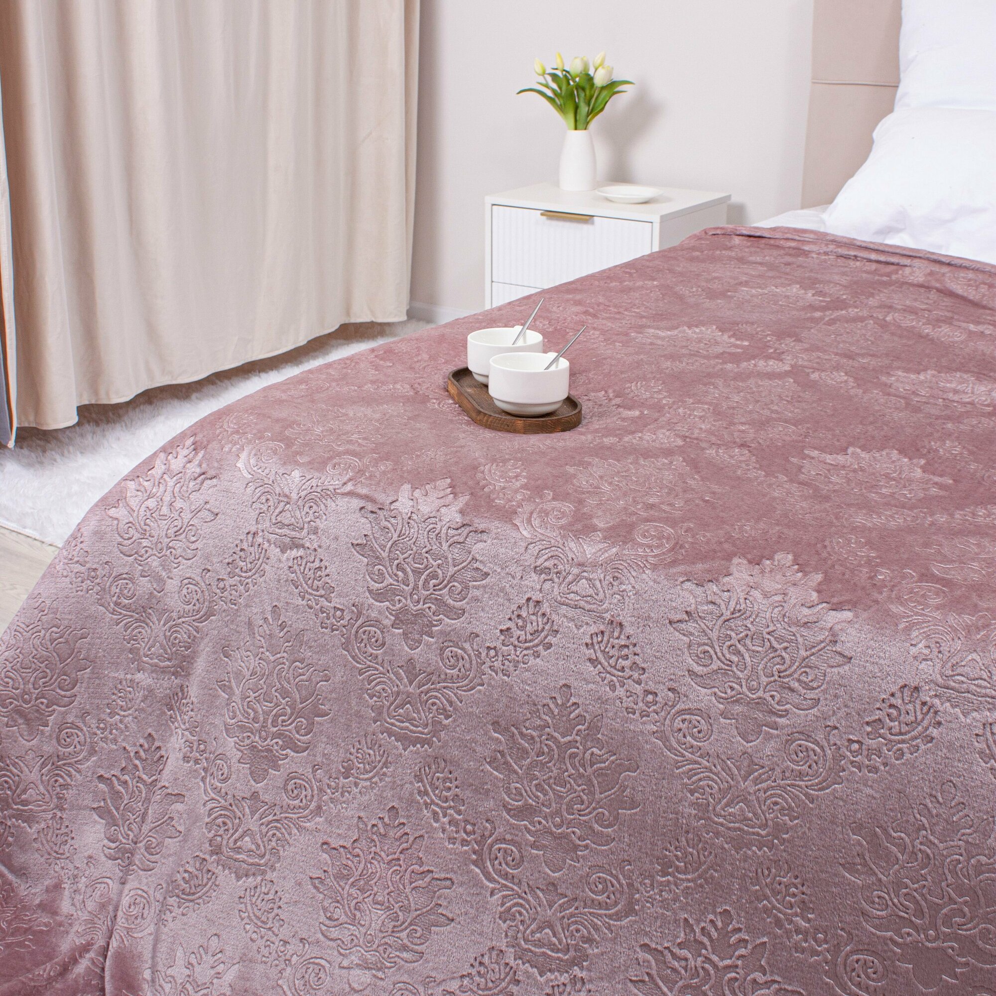 Плед велсофт фактурный 200х220 см, покрывало евро, Casa Conforte Палаццо, однотонный розовый шоколад - фотография № 2