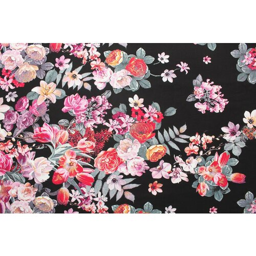 Ткань Вискоза плательная розовые цветы на чёрном фоне , ш144см, 0,5 м